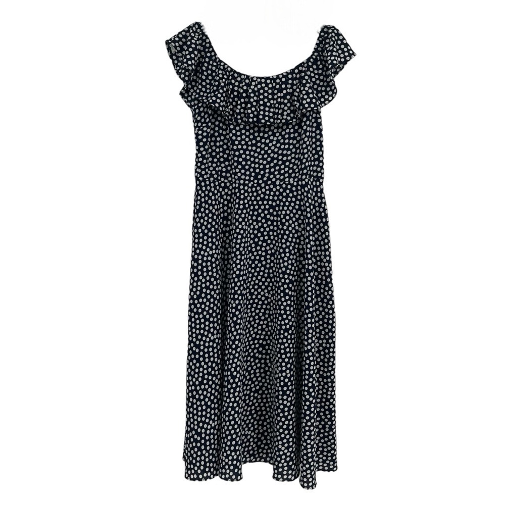 Betsey Johnson blue & white polka Dot ruffle flounce fit /flare dress size 6